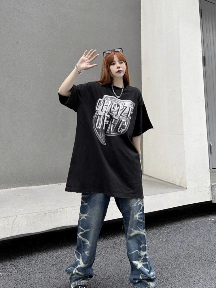 【W3】Retro washed design print oversized short-sleeved T-shirt  WO0007