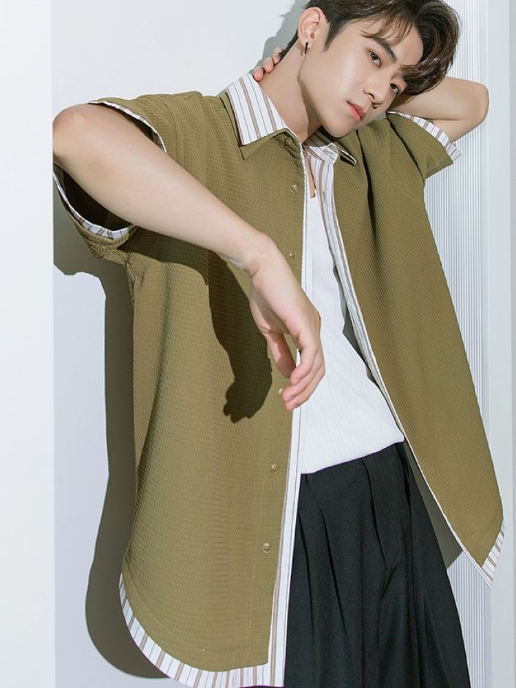 【CHICERRO】Waffle fake two-piece loose casual shirt  CR0002