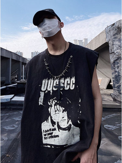 【UUCSCC】Retro print washed loose sleeveless T-shirt  US0041