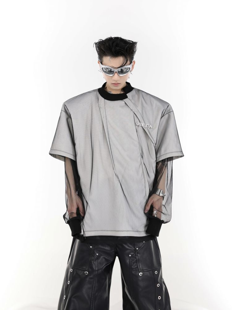 【Culture E】Irregular design mesh sleeve short sleeve T-shirt  CE0064