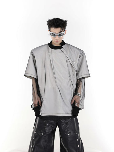 [Culture E] Irregular design mesh sleeve short sleeve T-shirt CE0064