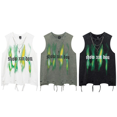 [CEDY] Gothic letter print distressed design sleeveless T-shirt CD0029
