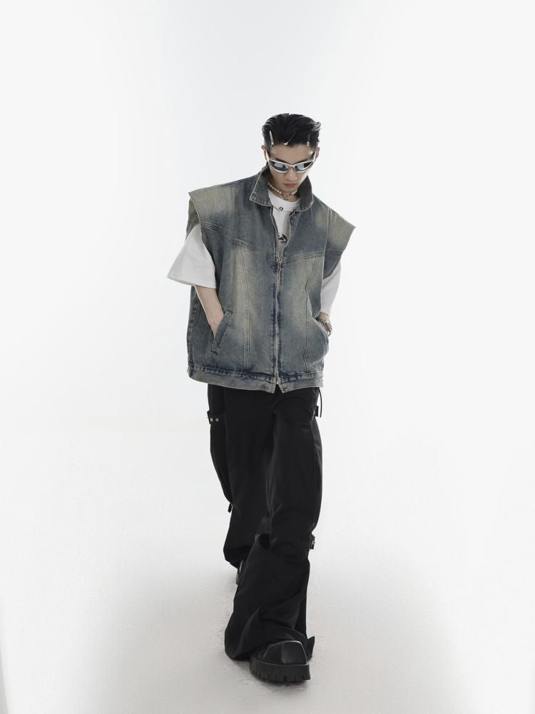 [Culture E] Retro shoulder pad wash denim jacket vest CE0069