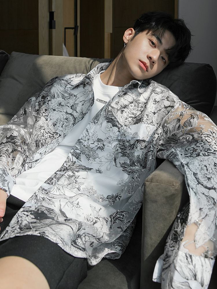 [CHICERRO] Chinese style floral loose sheer shirt CR0003