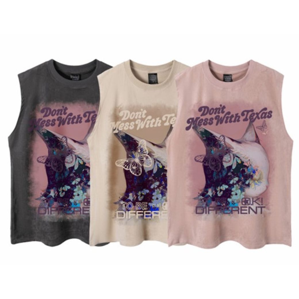 [VEG Dream] Retro cat butterfly print loose sleeveless vest T-shirt VD0207