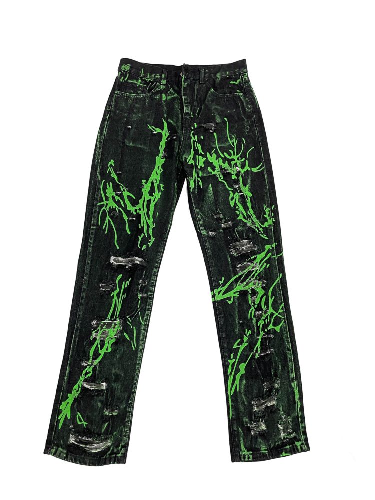 [Ⅱtype trb] Fluorescent green splash ink ripped denim jeans LT0006