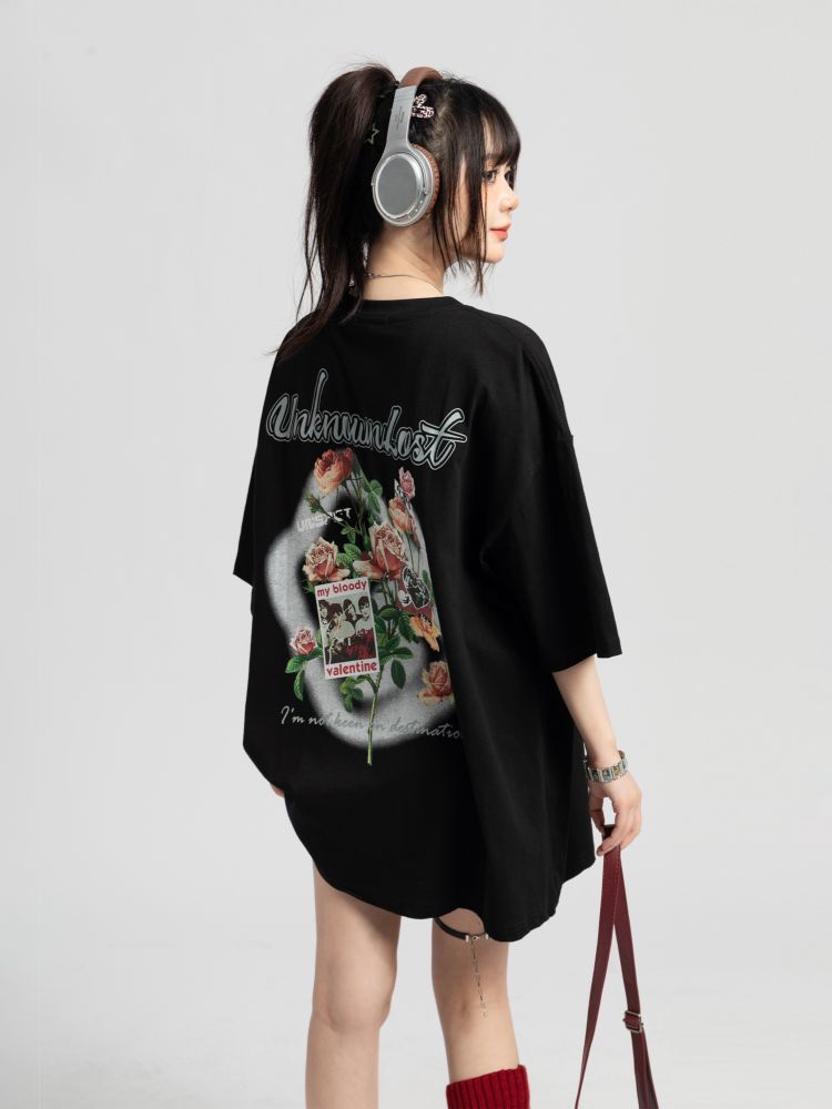 【TARASAER】Rose printed oversized short-sleeved T-shirt TS0009