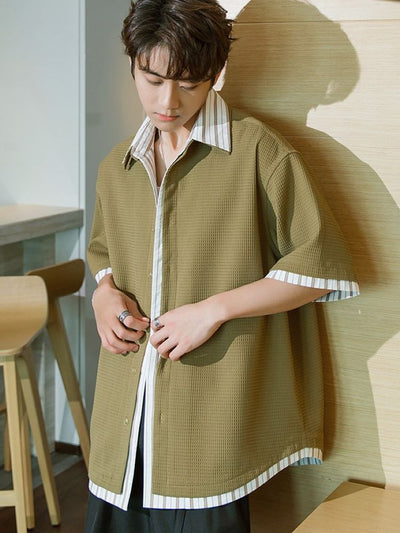 [CHICERRO] Waffle fake two-piece loose casual shirt CR0002