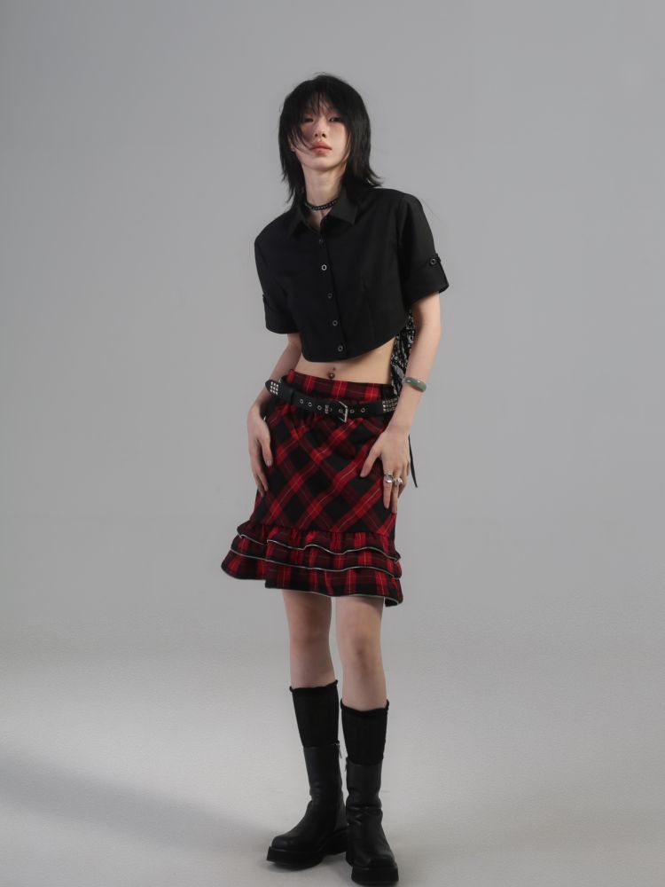 【ROSETOWER】College style retro plaid lace short skirt  RT0003