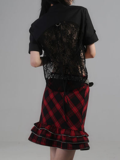 【ROSETOWER】Splicing design high waist back black lace short sleeve shirt  RT0007