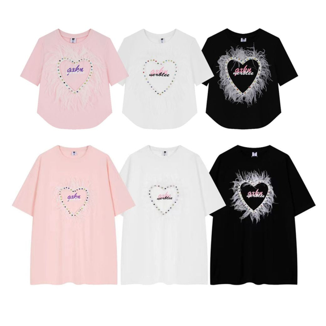 【Take off】Heart fluffy design short-sleeved T-shirt TO0017