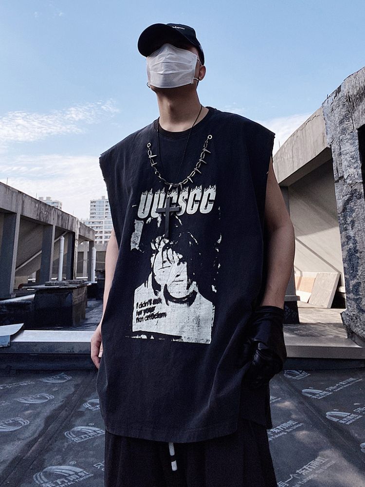 【UUCSCC】Retro print washed loose sleeveless T-shirt  US0041
