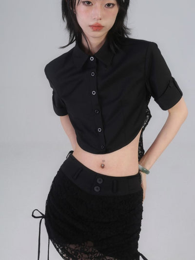 【ROSETOWER】Splicing design high waist back black lace short sleeve shirt  RT0007