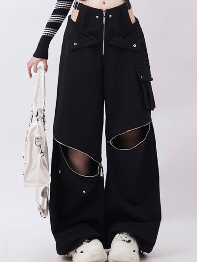 【Rayohopp】Multi zip pocket wide leg casual pants  RH0024