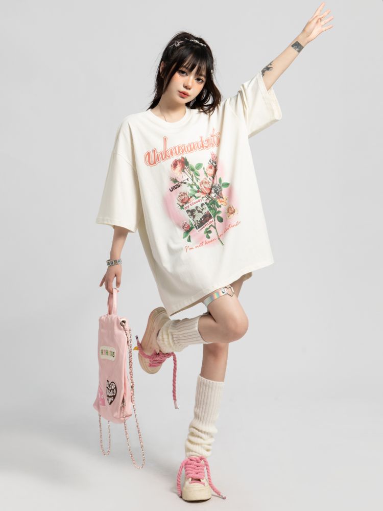 【TARASAER】Rose printed oversized short-sleeved T-shirt  TS0009