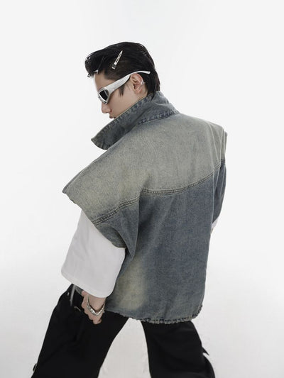 【Culture E】Retro shoulder pad wash denim jacket vest  CE0069