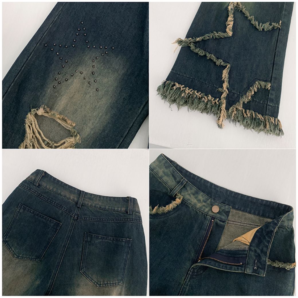 【Sai Xiaolao】Star ripped tassel high waist loose denim jeans  SX0013