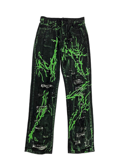 [Ⅱtype trb] Fluorescent green splash ink ripped denim jeans LT0006