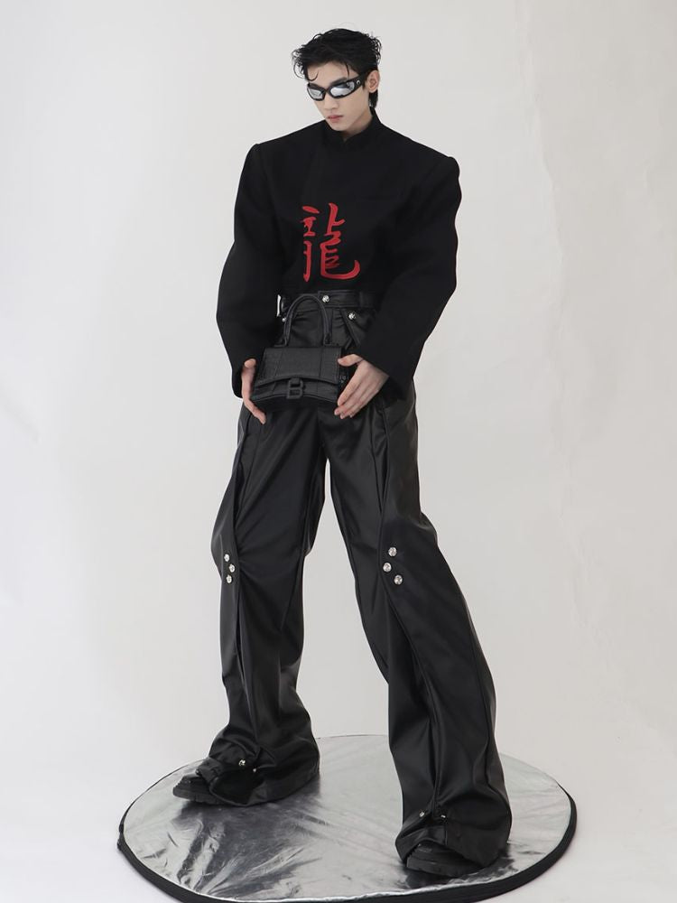 【Culture E】High-end metal button design loose leather straight pants  CE0070