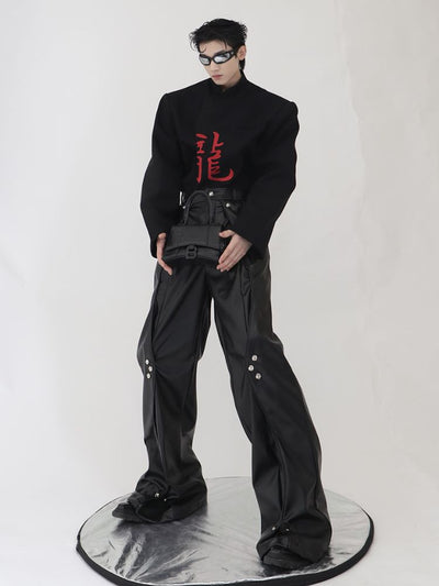 【Culture E】High-end metal button design loose leather straight pants  CE0070