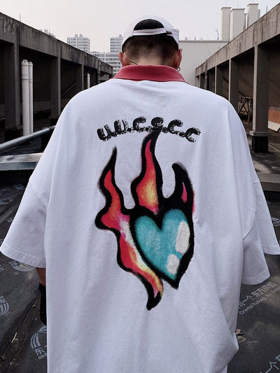 【UUCSCC】Flame heart graffiti loose polo shirt  US0043