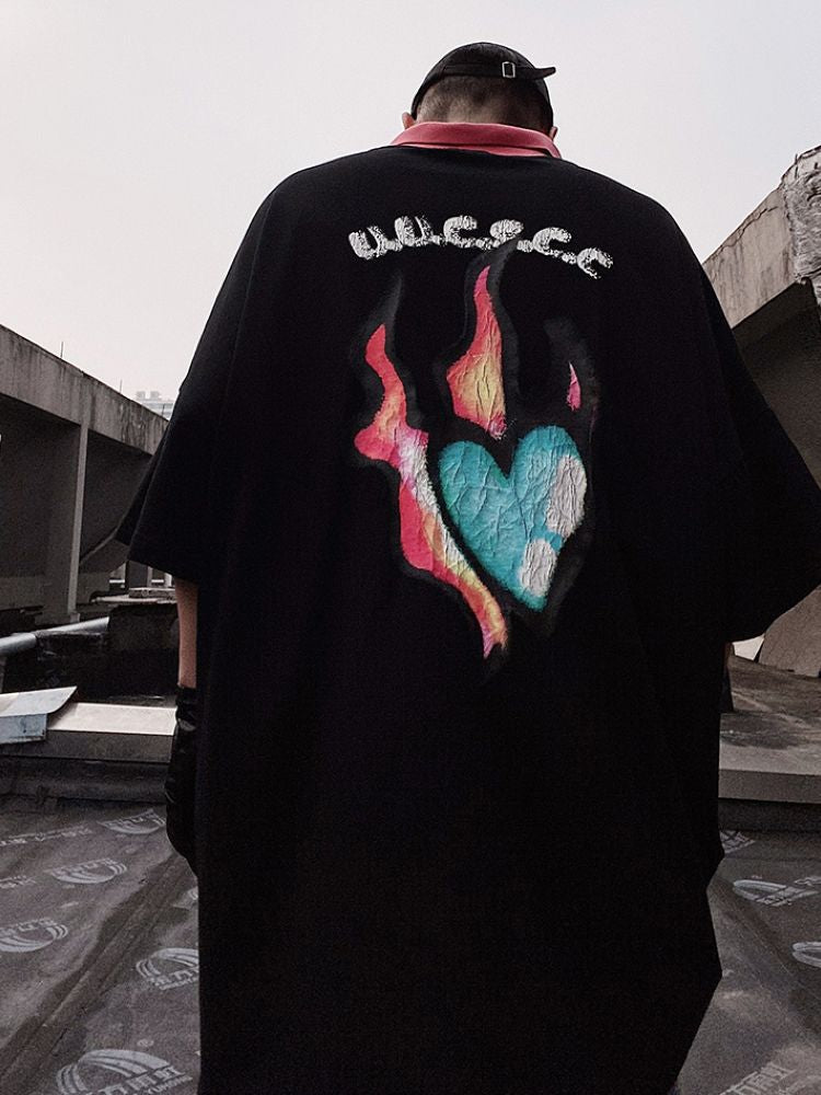 【UUCSCC】Flame heart graffiti loose polo shirt  US0043