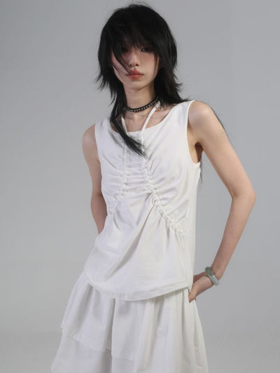 【ROSETOWER】Shirring design sleeveless T-shirt RT0002