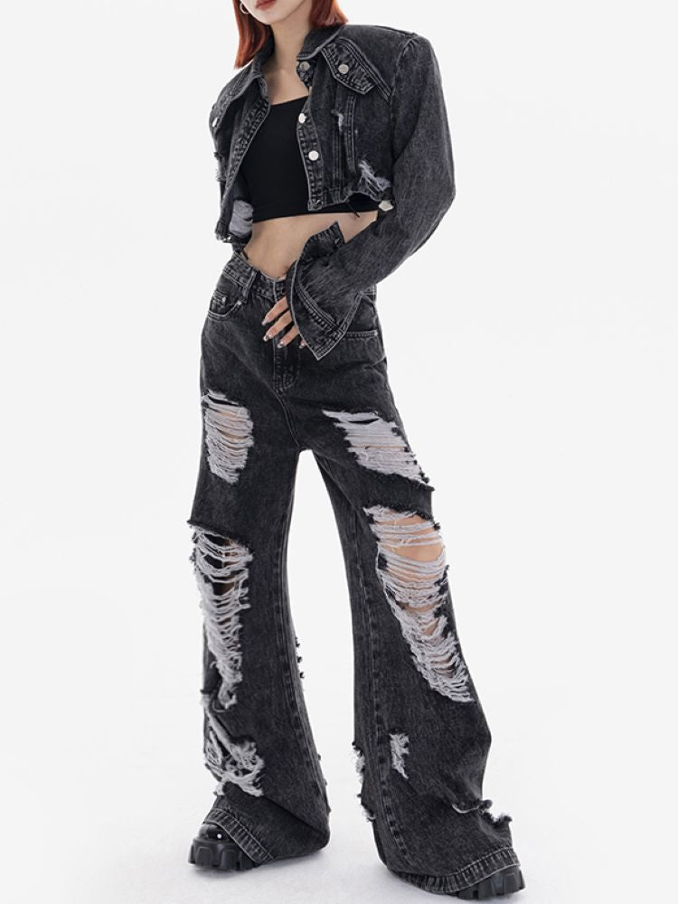 【EDX】Tassel ripped design wide leg jeans  EX0002