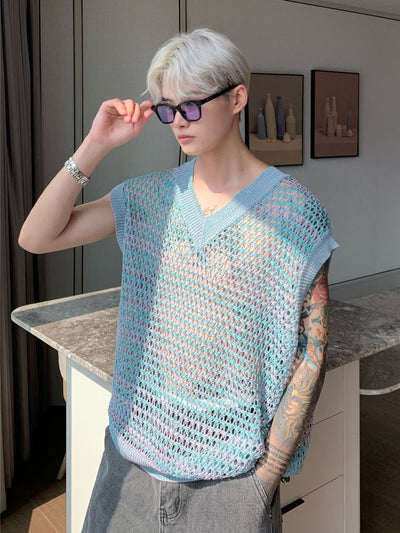 【CUIBUJU】Gradation contrast color V-neck summer knit vest  CB0018