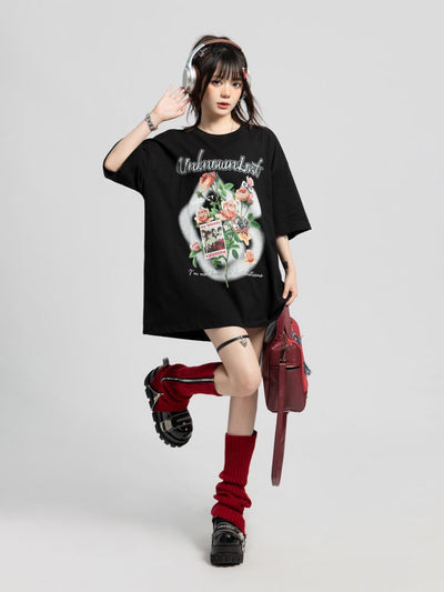 【TARASAER】Rose printed oversized short-sleeved T-shirt TS0009