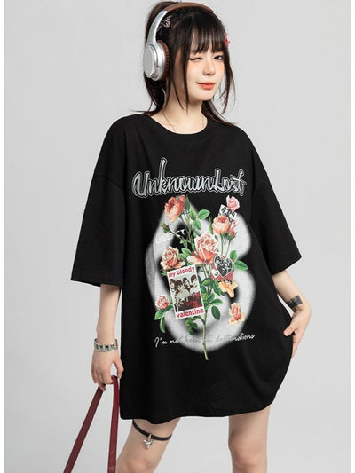 【TARASAER】Rose printed oversized short-sleeved T-shirt  TS0009