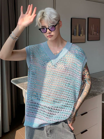 [CUIBUJU] Gradation contrast color V-neck summer knit vest CB0018