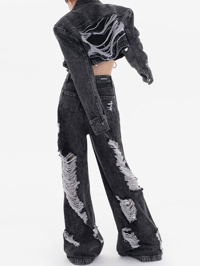 [EDX] Tassel ripped design wide leg jeans EX0002