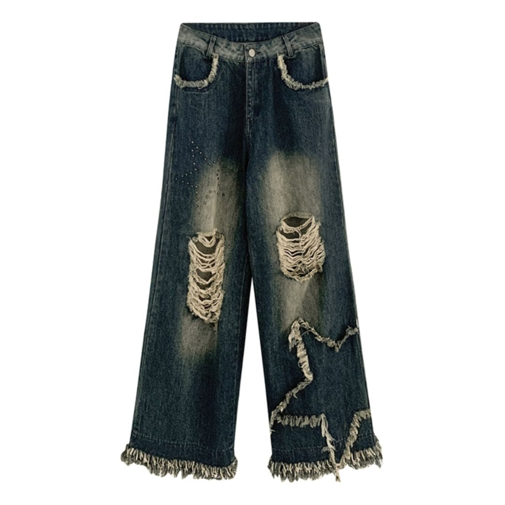 [Sai Xiaolao] Star ripped tassel high waist loose denim jeans SX0013 ...