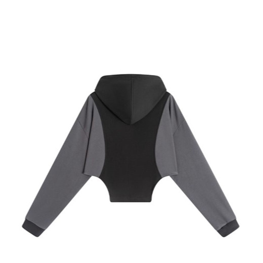 [Universal Gravity Museum] Irregular hem stitch contrast color hooded long sleeve top UG0026
