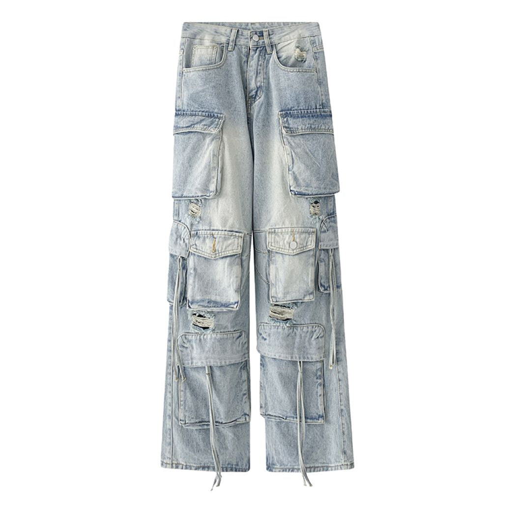 [Sai Xiaolao] Multi pocket high waist straight denim pants SX0010