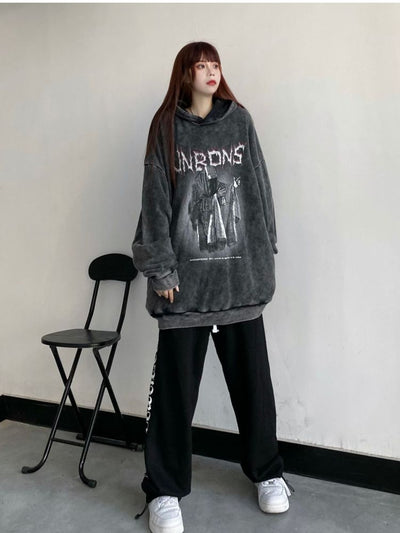 【W3】Retro dark devil print washed oversized hoodie  WO0010