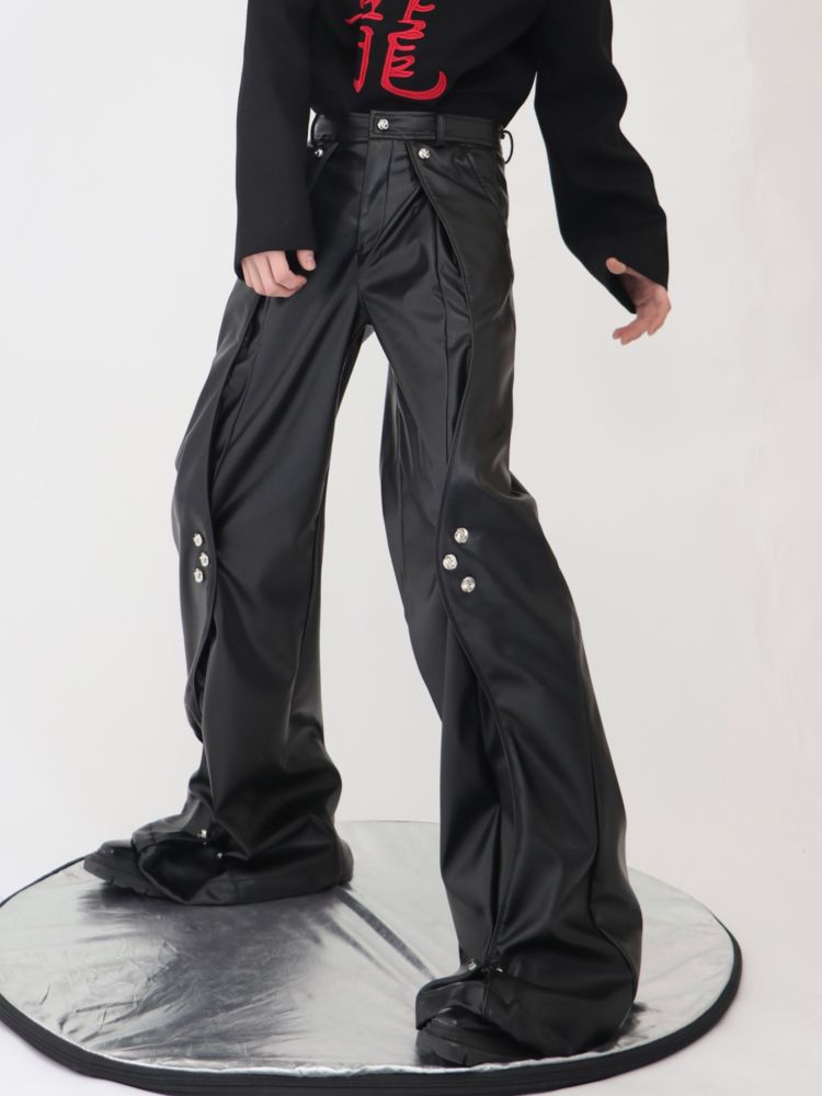 【Culture E】High-end metal button design loose leather straight pants  CE0070
