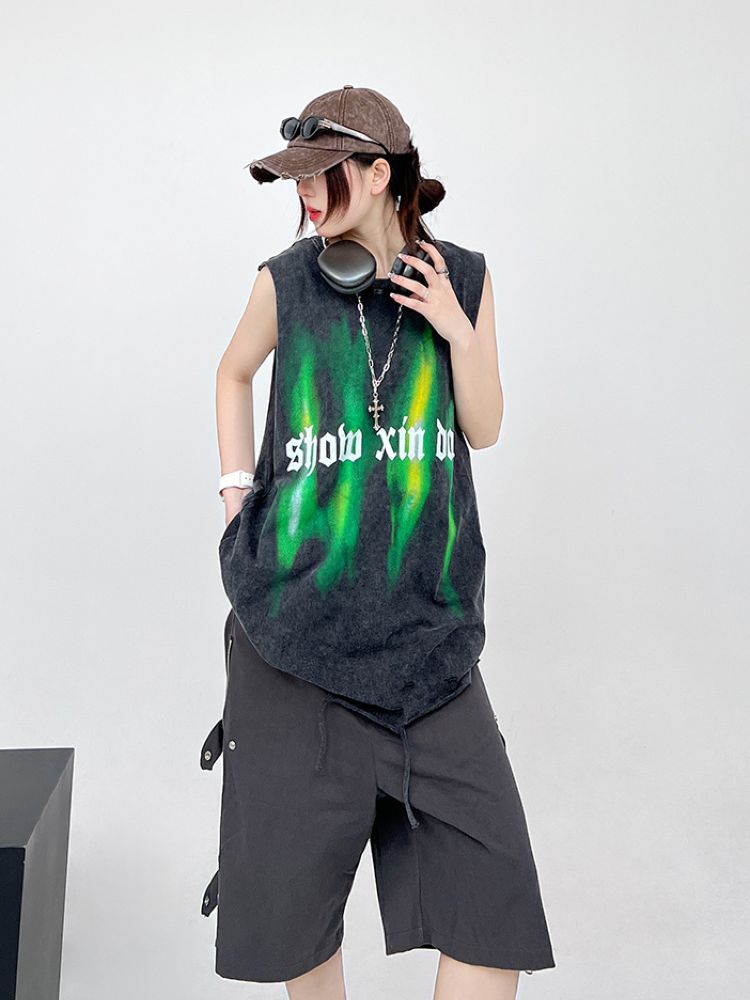 【CEDY】Gothic letter print distressed design sleeveless T-shirt  CD0029
