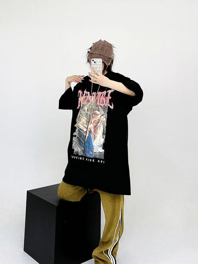 【CEDY】Retro street print oversized short sleeve T-shirt  CD0028
