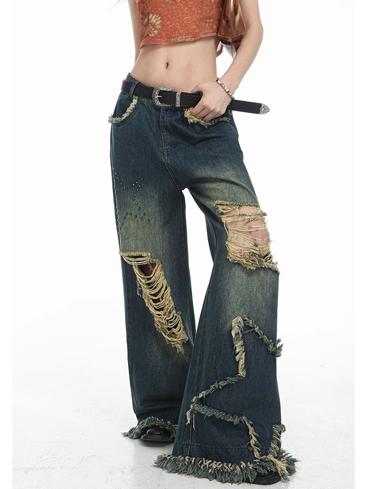 [Sai Xiaolao] Star ripped tassel high waist loose denim jeans SX0013