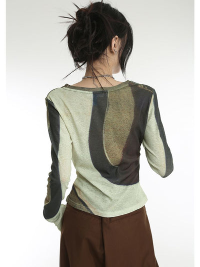 [Sai Xiaolao] Color blocking long sleeve sheer T-shirt SX0014