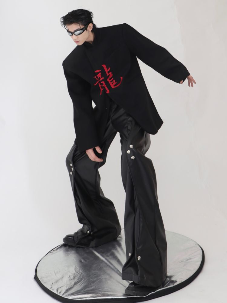 【Culture E】High-end metal button design loose leather straight pants  CE0070