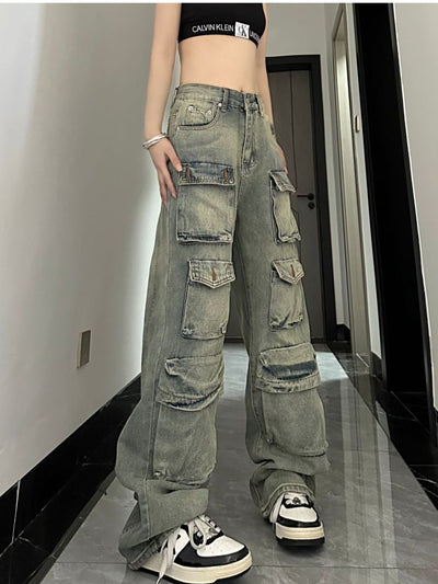 [W3] Yellow mud-dyed washed multi-pocket jeans WO0009