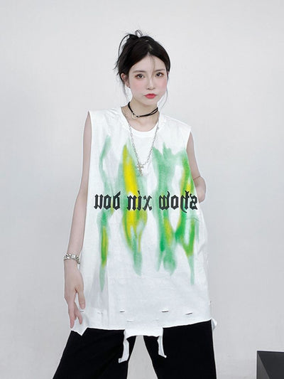 [CEDY] Gothic letter print distressed design sleeveless T-shirt CD0029