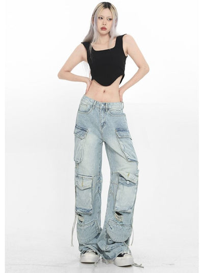 【Sai Xiaolao】Multi pocket High waist straight denim pants  SX0010