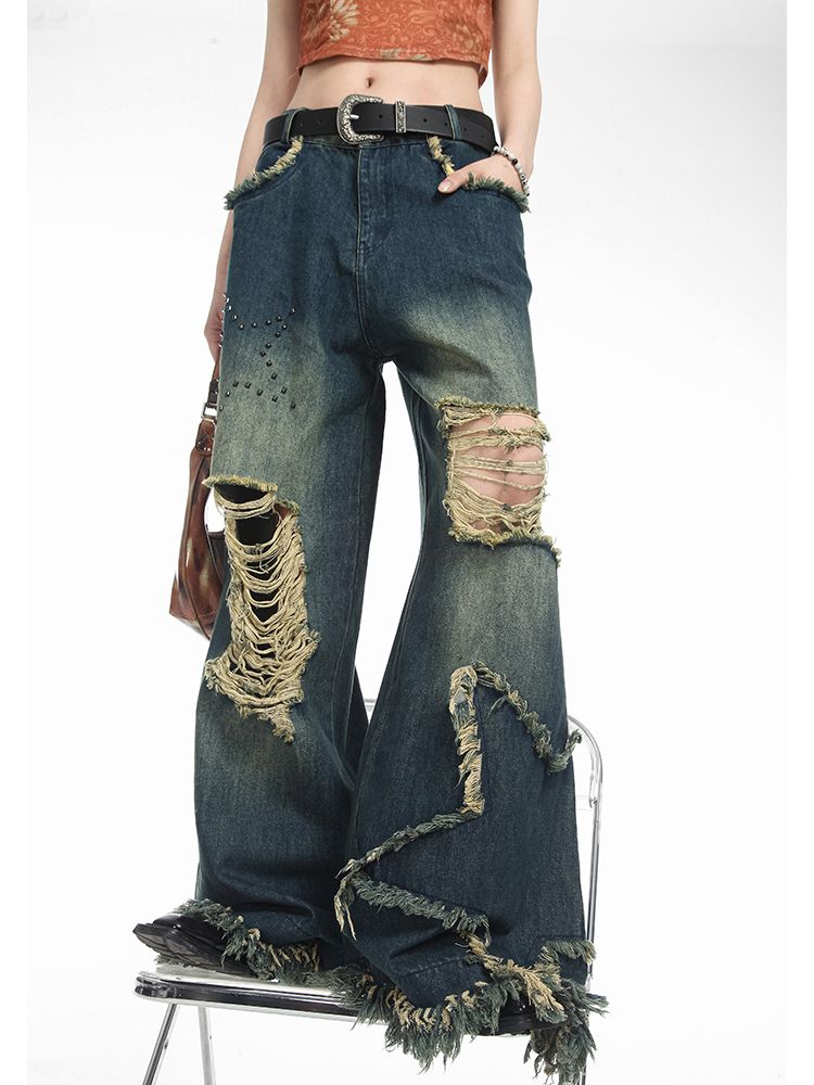 【Sai Xiaolao】Star ripped tassel high waist loose denim jeans  SX0013