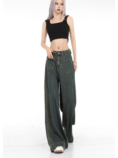 【Sai Xiaolao】High waist drape wide leg denim pants  SX0011