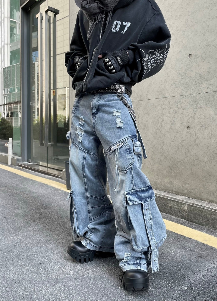 【DARKFOG】Multiple suspender design dull blue base wide cargo denim pants  DF0054