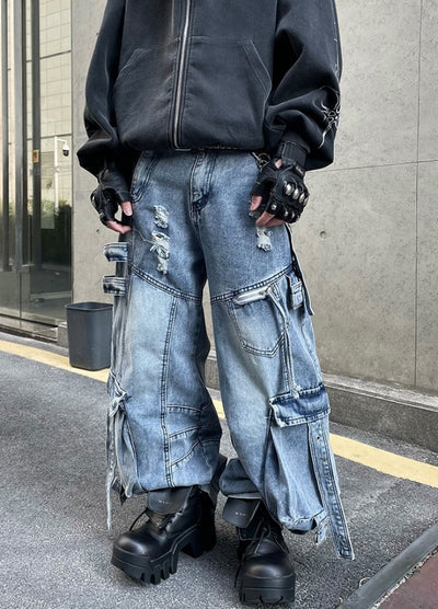 【DARKFOG】Multiple suspender design dull blue base wide cargo denim pants  DF0054